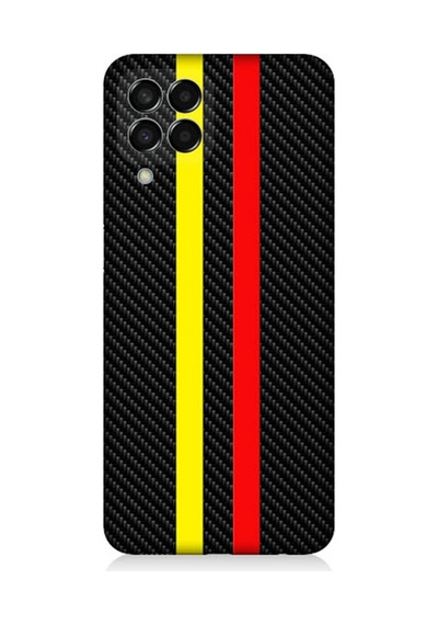 Samsung Galaxy M33 Uyumlu Silikon Kılıf Sarı Kırmızı Karbon Motif