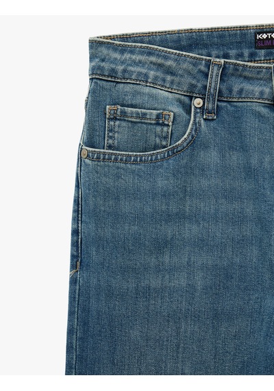 Koton Normal Bel Yıpratmalı Pamuklu Slim Fit Jean Pantolon - Brad Jean Petrol 6wam40014ıd Petrol