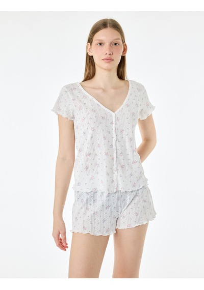 Koton Pamuklu Kısa Kollu Desenli Şortlu Pijama Takımı Ekru Desenli 6slk40197mk