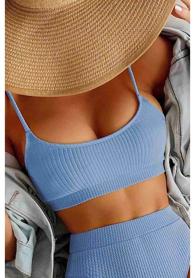 Angelsin Yüksek Bel Özel Kumaş Tankini Bikini Üstü Mavi 001