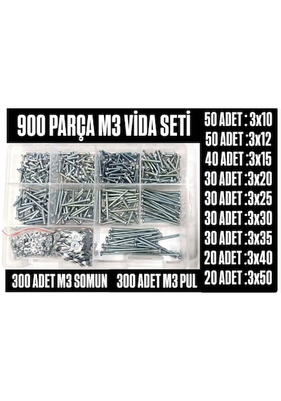 900 Adet Ysb Metrik 3 Vida Somun Pul Seti 3x10/3x12/3x15/3x20/3x25/3x25/3x30/3x35/3x40/3x50 0.3 MM