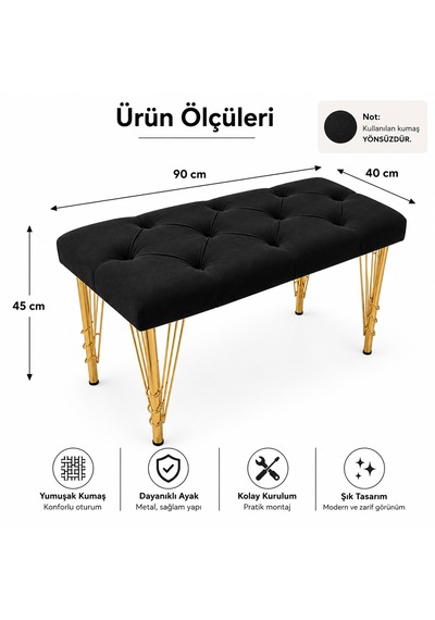 90cm Yeni Nesil Metal Gold Ayaklı Çok Amaçlı Puf Bench Siyah