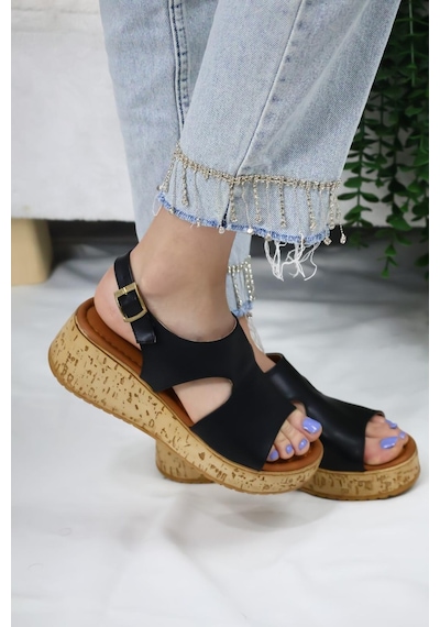 Asmi Shoes Kadın Elena Mantar Taban Ortopedik Sandelet Siyah Siyah