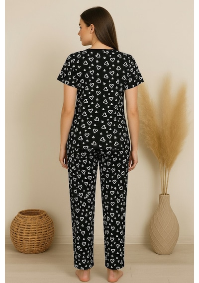 Angbutik Kadın Siyah Desenli Fiyonklu Kısa Kollu Uzun Pijama Takımı