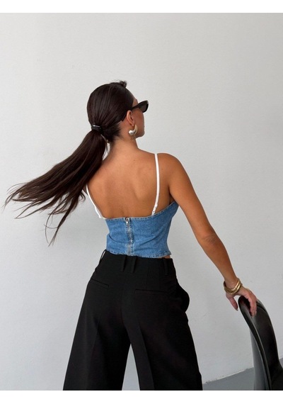 Herton Kadın İnce Askılı Arkası Fermuarlı Denim Korse Büstiyer Crop Top Çok Renkli
