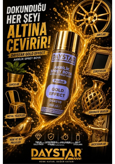 Gold Effect Parlak Altın Akrilik Sprey Boya 400 Ml Metal, Ahşap, Plastik Ve Seramik Uyumlu Çok Renkli