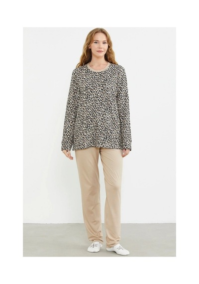 Angbutik Sementa 76413 Rahat Kalıp Leopar Kombinli Pijama Takım Bej