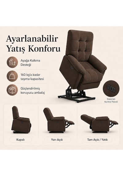 Smarto Relax Porto Liftli Çift Motorlu Elektrikli Ayağa Kalkma Destekli Polyester Hasta Ve Baba Tv Koltuğu Kahverengi