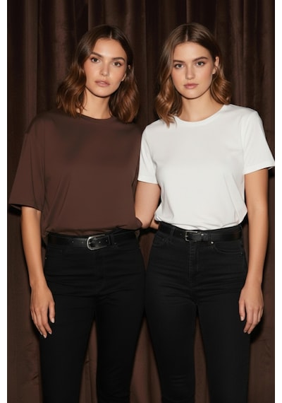 Soft&Basic Kadın 2'li %100 Organik Pamuk Oversize Fit Basic Yuvarlak Yaka T-shirt Beyaz-kahverengi