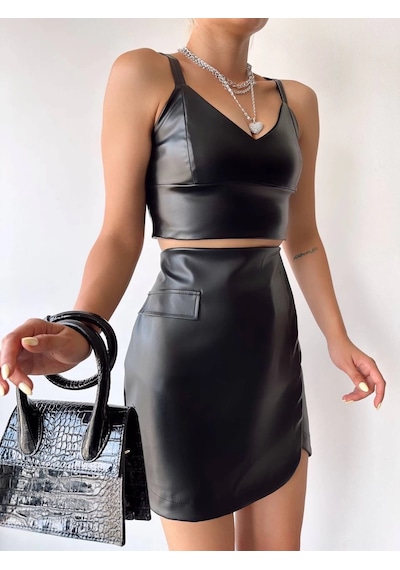 Defymoda Cep Detaylı Oval Kapaklı Deri Etek Siyah H240048 Siyah