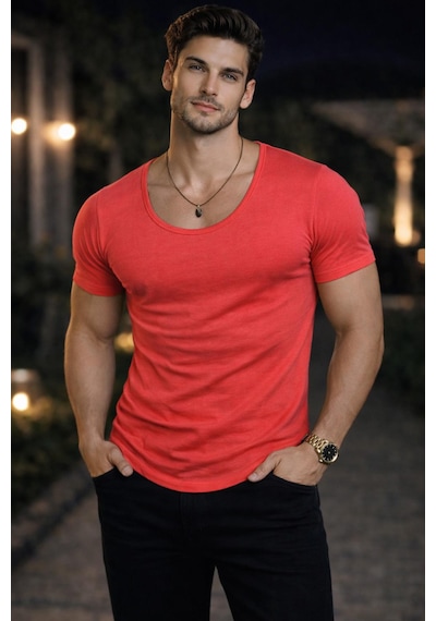 Bybülent Erkek Oval Yaka Açık Ayaka Nar Çiçeği Tişört T-shirt