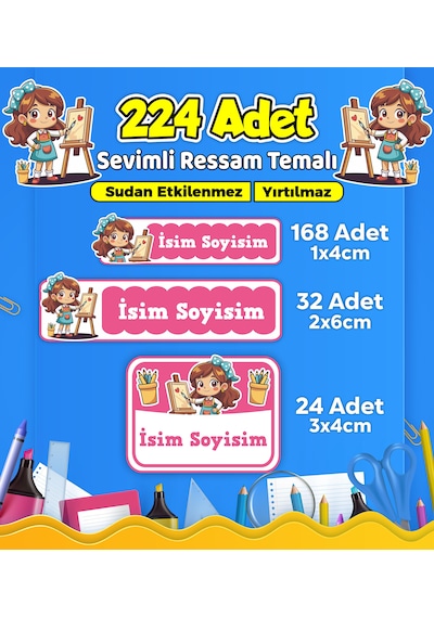 Sevimli Ressam Okul Kreş Kişiye Özel İsim Etiket Seti - Model 494 Çok Renkli