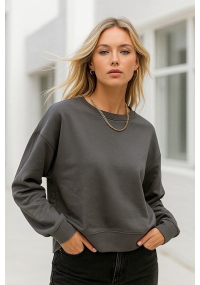 Kadın Füme Pamuklu İnterlock Oversize Sweatshirt Füme