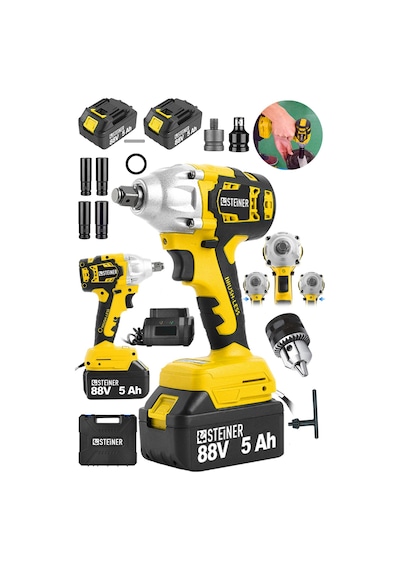 Steiner 88V 5Ah Çift Akülü Kömürsüz Çantalı Matkap Bijon Somun Sıkma Makinesi Sarı + Mandren