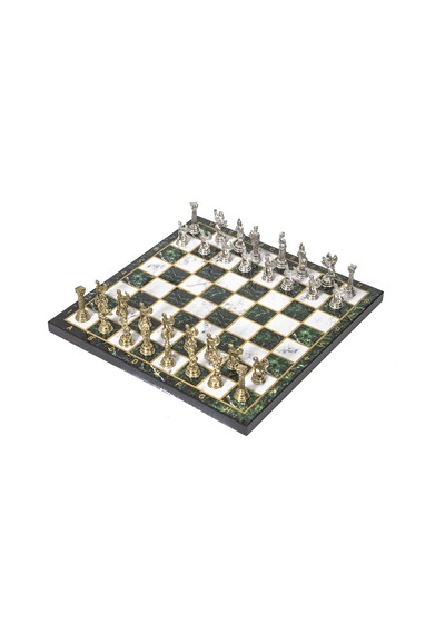 Lüks Metal Satranç Takımı Krom Kaplama Pegasus Atları & Zümrüt Yeşili Mermer Desenli Tahta 20 Cm.