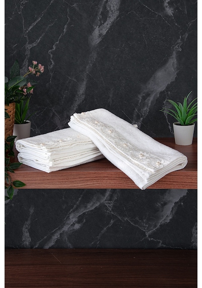 % 100 Pamuklu Kadife Güpürlü İnci Işlemeli 6 Lı Çeyizlik El Yüz Havlu Seti - 30x50 Cm - 04466 - Beyaz Beyaz