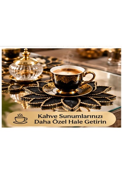 Kahve Sunum Pecetesi El Yapımı İnci Ve Gold Detaylı 15x15 Ölcü 6 Adet Siyah İnci