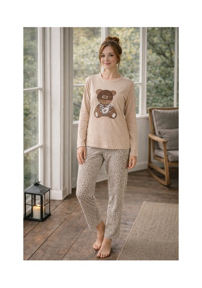 Rindahomewear Kadın Ayıcık Baskılı Süprem Uzun Kol Pijama Takımı Bej