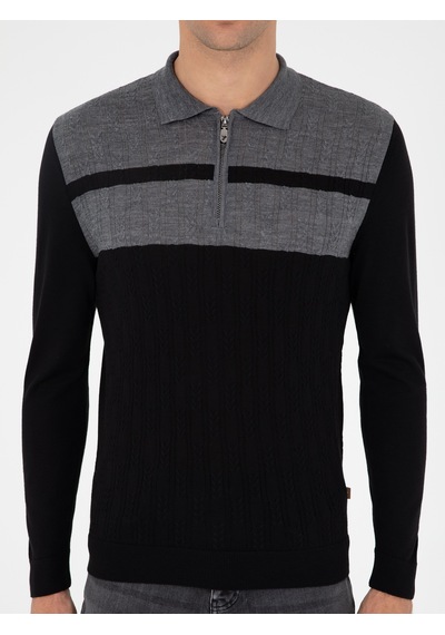 Cacharel Siyah Slim Fit Polo Yaka Fermuarlı Triko Kazak