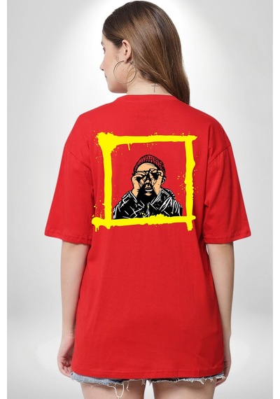 Fantastik Sanatsal Yeni Nesil Kırmızı Bere El İle Dürbün Kırmızı Oversize Unisex Ön Ve Sırt Baskılı Tişört Kırmızı