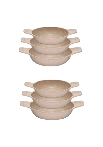 2 Adet Set Döküm Saplı Granit Güveç Sahan Set 6 Parça Vizon 18cm-20cm-22cm Vizon