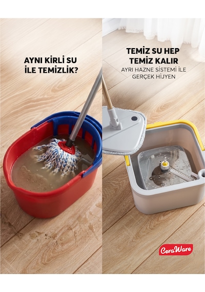 Home Care Dual System Kare Mop Seti Temiz Kirli Su Ayrı Hazneli 2 Adet İz Bırakmayan Mikrofiber Bez