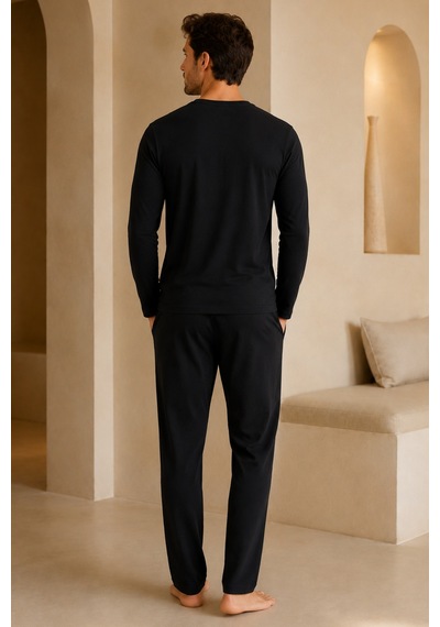 Loule Erkek Siyah %100 Pamuk Penye Uzun Kollu Pijama Takımı