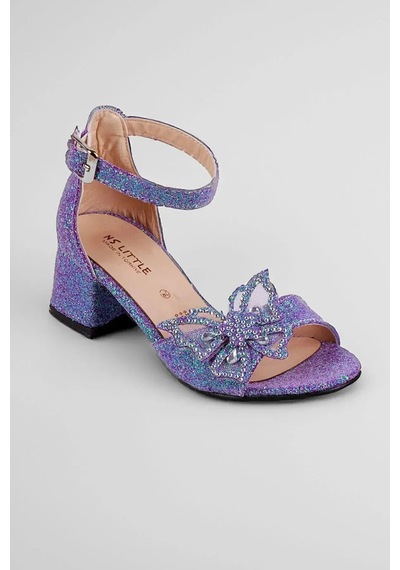 Nese Shoes Kelebekli Kız Çocuk Topuklu Ayakkabı, Simli Abiye Ayakkabı Mor