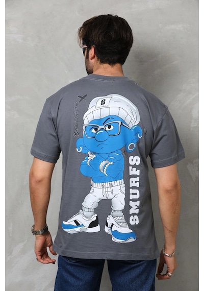 Novalisse Erkek Kısa Kol Yazlık Tişört Bisiklet Yaka Baskılı Oversize T-shirt - Füme Çoklu Renk