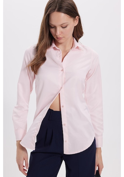 Tudors Kadın Slim Fit Dar Kesim Vücuda Oturan Uzun Kollu Pembe Basic Gömlek-38820 Pembe