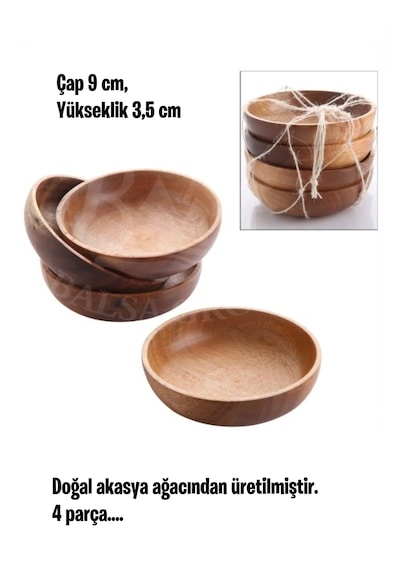 Dekoratif Çerezlik Tabak, Doğal Ahşap Akasya Çerezlik 9 Cm, 4'lü Set Kahverengi