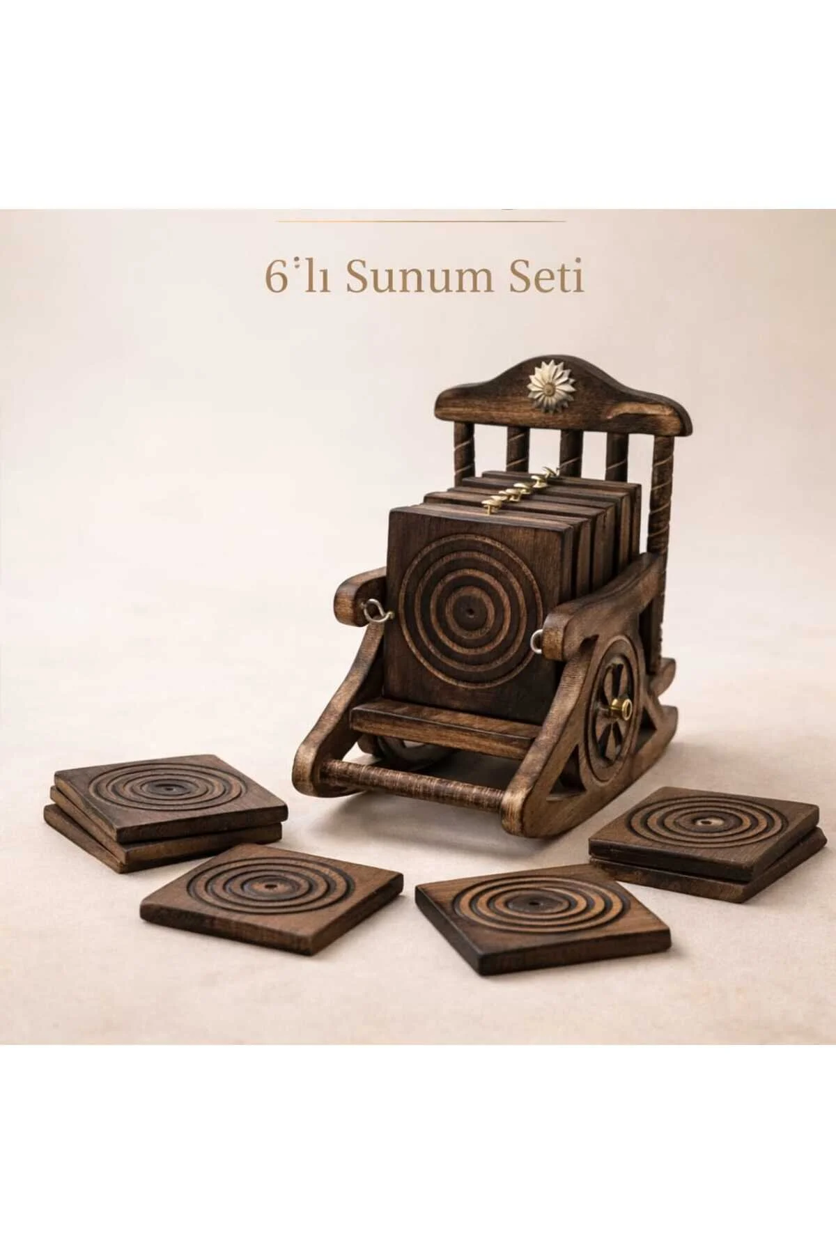 Otantik El İşi Ahşap Sandalye Dekoratif Kullanışlı Çay Ve Kahve Bardağı Tabağı 6adet