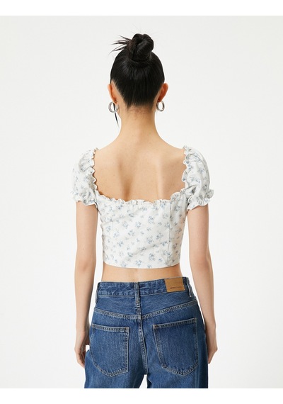 Koton Çiçekli Balon Kol Bluz Crop Fiyonklu Fırfır Detaylı Mavi Desenli 4sal60168ıw