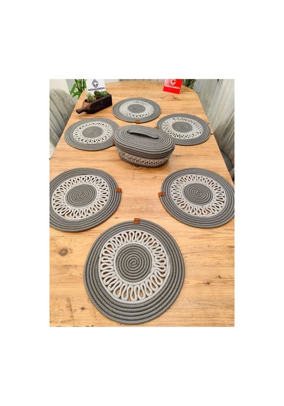 Jüt, Hasır, Dekoratif Yemek Masa Takımı, Subla Takımı, Amerikan Servis,6'subla 1'sepet 7'li Antrasit Gri Antrasit Gri