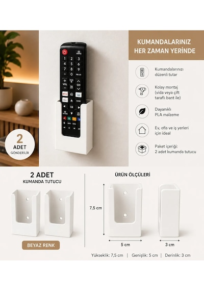 Veriqo 3d 2'li Duvar Kumanda Standı Tv Kumanda Askılığı Kendinden Yapışkanlı Kumanda Tutucu Beyaz