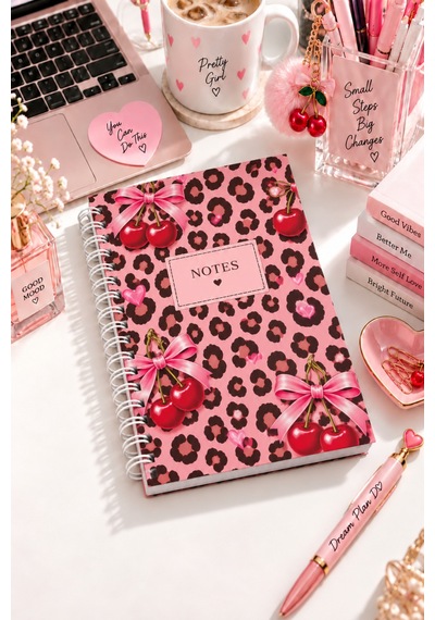 Pembe Leopar Kiraz Desenli A5 Sert Cover Kapaklı Spiralli Planlayıcı Not Defteri 80 Yaprak 160 Sayfa Çok Renkli