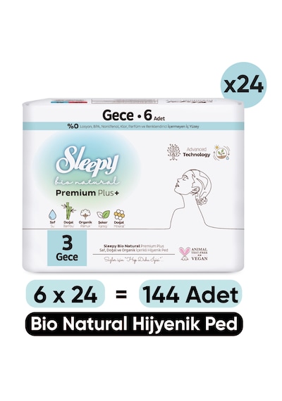 Sleepy Bio Natural Premium Plus Hijyenik Ped Gece 24 x 6'lı