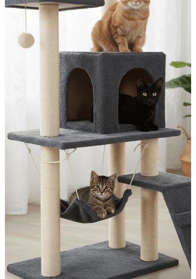 Pet B-07 Hamaklı Yuvalı Lüx Kedi Tırmalama Oyun Evi Antrasit