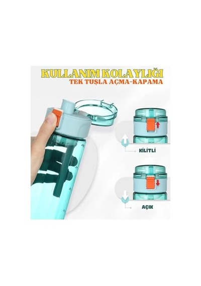 Tkk 550ml Pipetsiz Rahat İçim Kilitlenebilir Kapak Taşıma Kulplu Tritan Su Matarası Turkuaz Genel