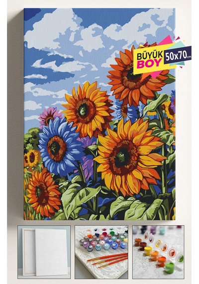 Sayılarla Boyama Seti Numaralı Tuval Fırça Boya Dahil Kasnaklı Set 50x70 Cm - Renkli Ayçiçeği