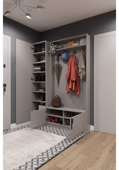 Asra Trend Vestiyer & Portmanto V-01 %100 MDF Askılı Çok Raflı Ayakkabılık Kül Gri
