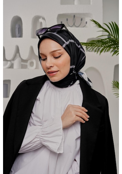 Afvente Geometrik Desen Siyah Soft Pamuk Eşarp