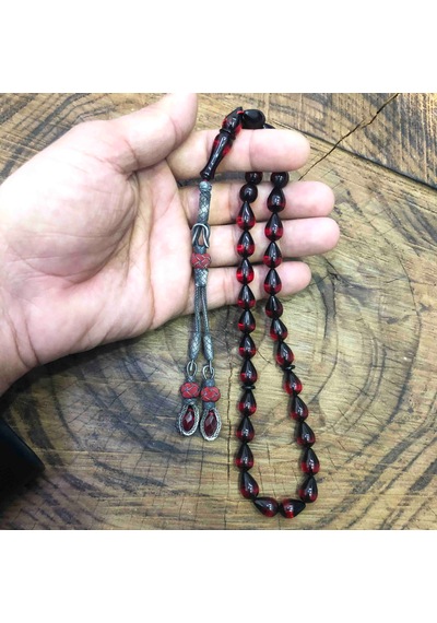 Midyat Nurtaş Gümüş Damla Kesim Kırmızı Sürmeli Ateş Kehribar Tesbih