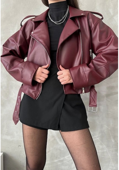 Prifaldi Suni Deri Crop Bıker Ceket Bordo