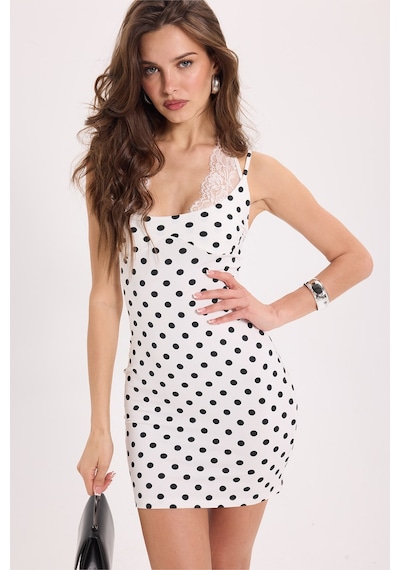 Tudors Kadın Slim Fit Dar Kesim Boyundan Bağlamalı Sıfır Kol Dantel Detaylı Ekru Elbise-52066