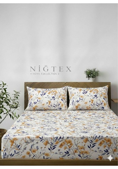 Niğtex Çiçekli Battal Boy Lastikli Çarşaf Seti Lacivert - Beyaz