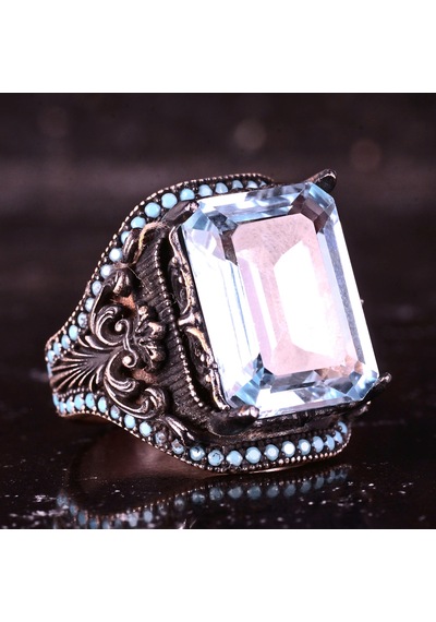 Kambo El Yapımı 925 Ayar Gümüş Mavi Topaz Taşlı Erkek Yüzük - 18 Gr