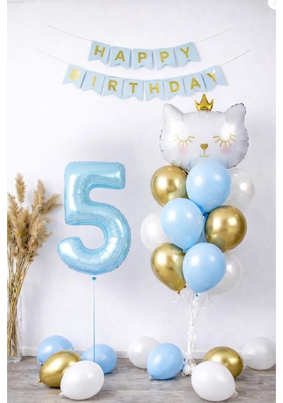 5 Yaş Kedi Temalı Doğum Günü Balon Seti Mavi Gold Konsept Mavi