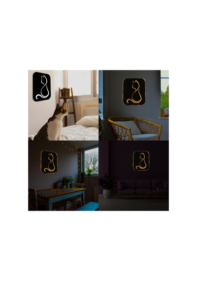 Led Işıklı Kişiselleştirilebilir Kedi Temalı Tablo Gayne Dekoratif Gece Lambası Sarı - 737293250 Sarı