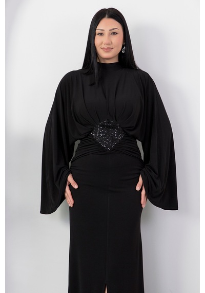 Kalopya Dik Yaka Yarasa Kol Payet Elbise K-262707 Siyah